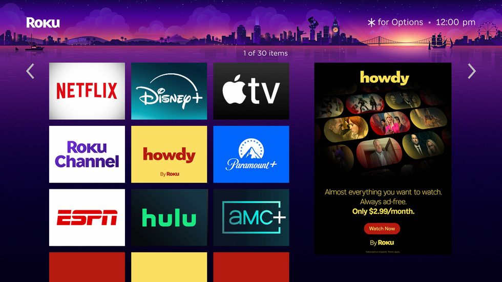 screenshot of the Roku interface with the new Howdy streaming service pictured in place